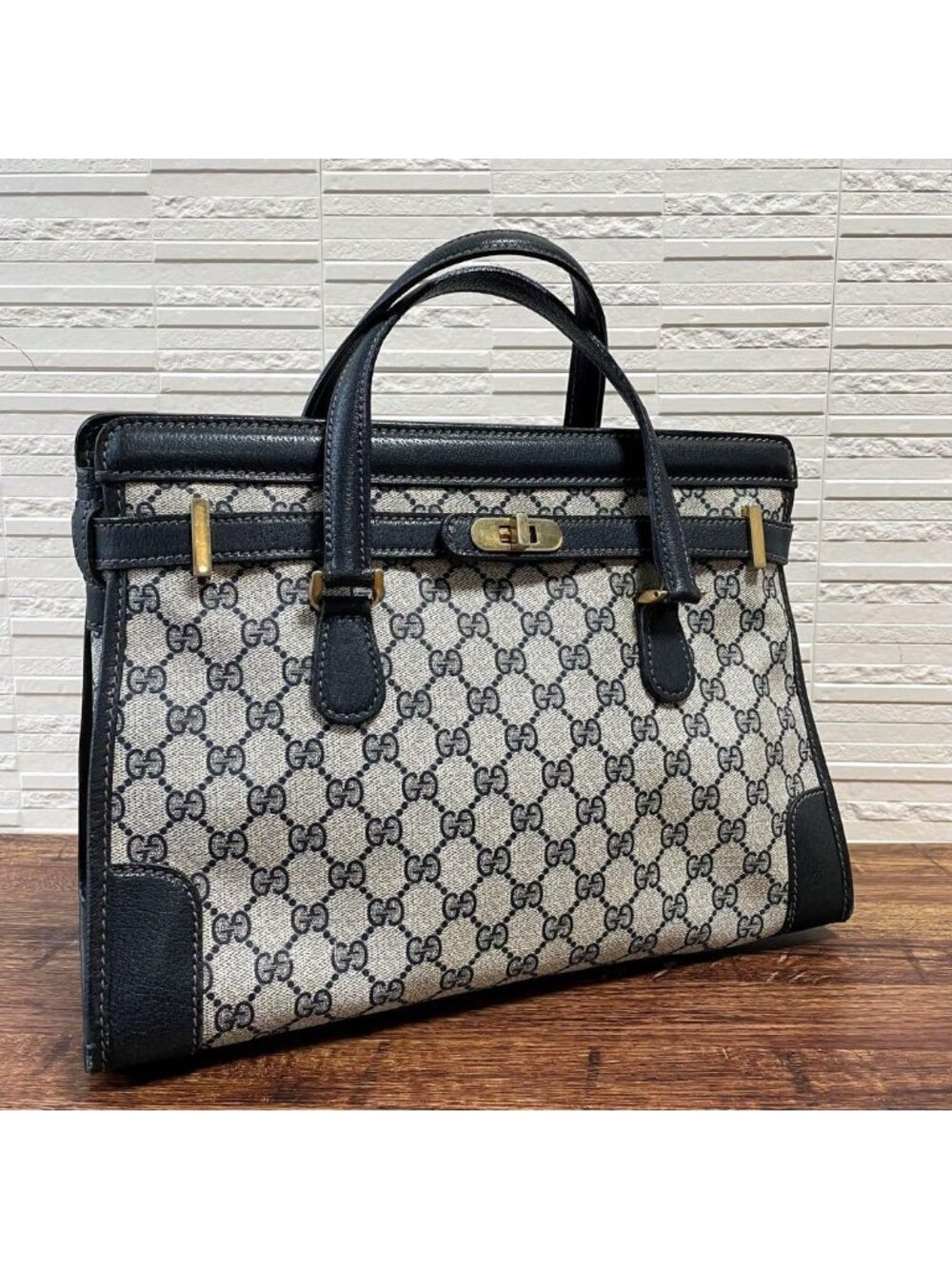 Gucci GG Supreme Business Hand Bag Leather Navy